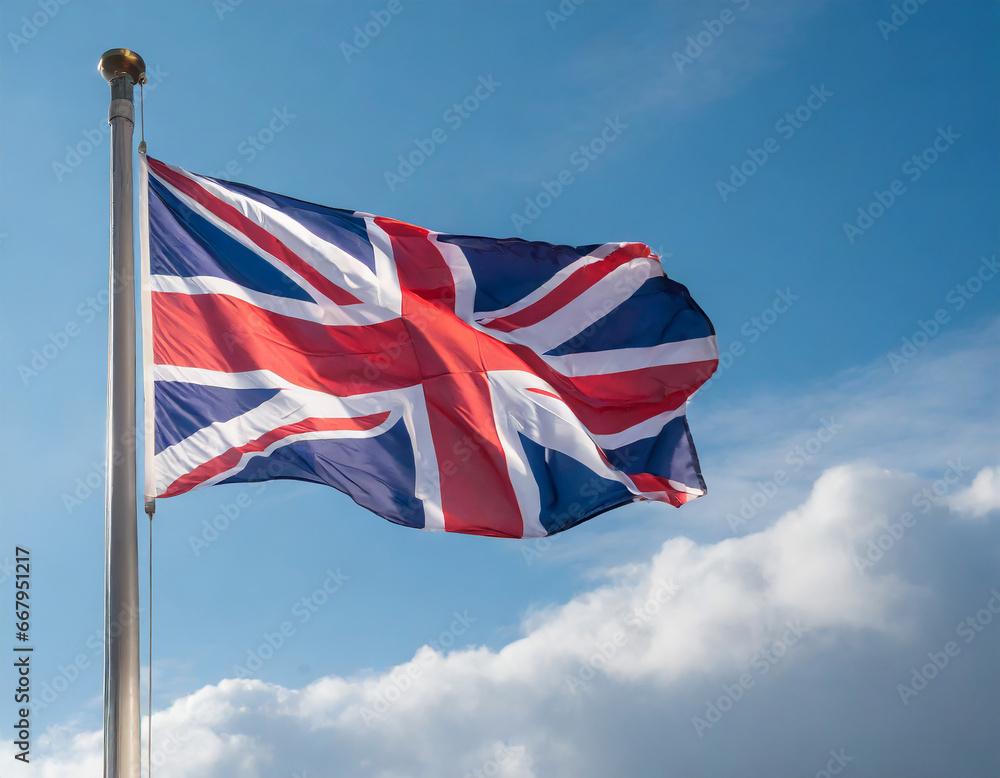 Close up view of an UK flag waving on a flagpole, with blue sky background and copy space Close up view of an UK flag waving on a flagpole, with blue sky background and copy space