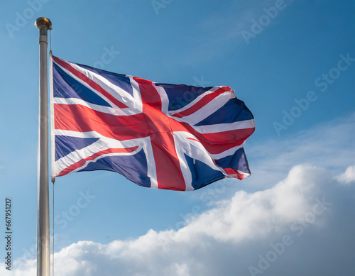 Close up view of an UK flag waving on a flagpole, with blue sky background and copy space photo