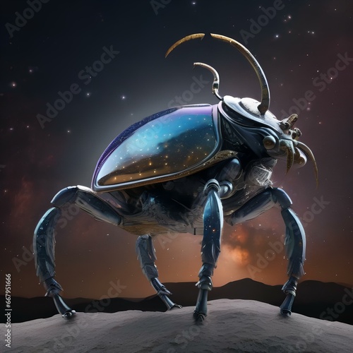 A colossal, crystal-armored beetle-like creature standing on a moon, with galaxies in the sky reflecting off its exoskeleton2