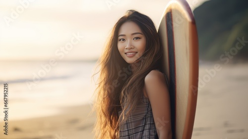 Portrait of a young Asian woman holding a surfboard on the beach celebrating her exciting adventure. © Phoophinyo