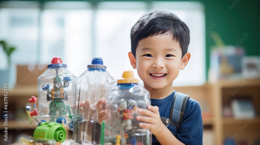 Technology and learning: Preschool boy and his recycled plastic bottle toys, plastic bottle robots, handmade toys, technology classroom, creative thinkers. Technology and learning: Preschool boy and his recycled plastic bottle toys, plastic bottle robots, handmade toys, technology classroom, creative thinkers.