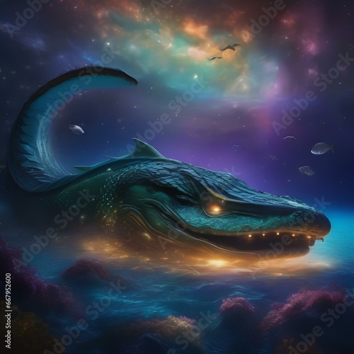 A massive, interstellar sea serpent emerging from the depths of a cosmic ocean, surrounded by bioluminescent fish3