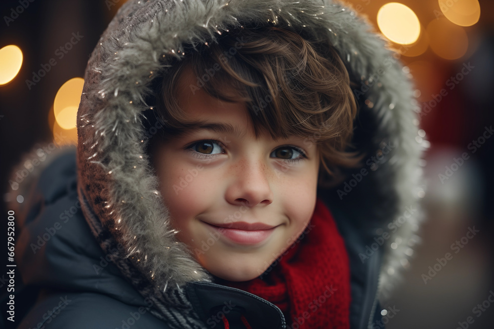 portrait of cheerful boy, kid in cozy outerwear on evening winter street portrait of cheerful boy, kid in cozy outerwear on evening winter street