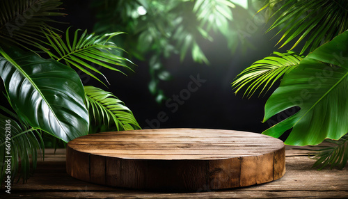 Empty round wooden table and tropical leaves on dark background. For product display. High quality photo