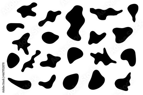 Blob shape organic set. Random black cube drops shapes. Pebble, inkblot, drops and stone silhouettes. Collection of abstract form paint liquid black blotch spot irregular form. White background