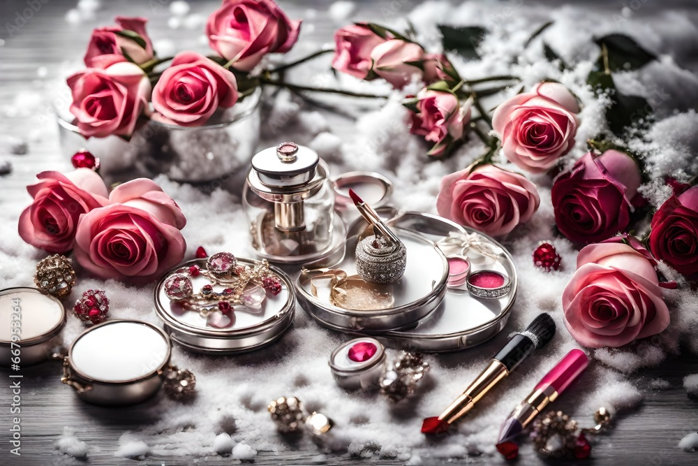 red roses on the table covered with snow in thick snow fall abstracting view and background red roses on the table covered with snow in thick snow fall abstracting view and background