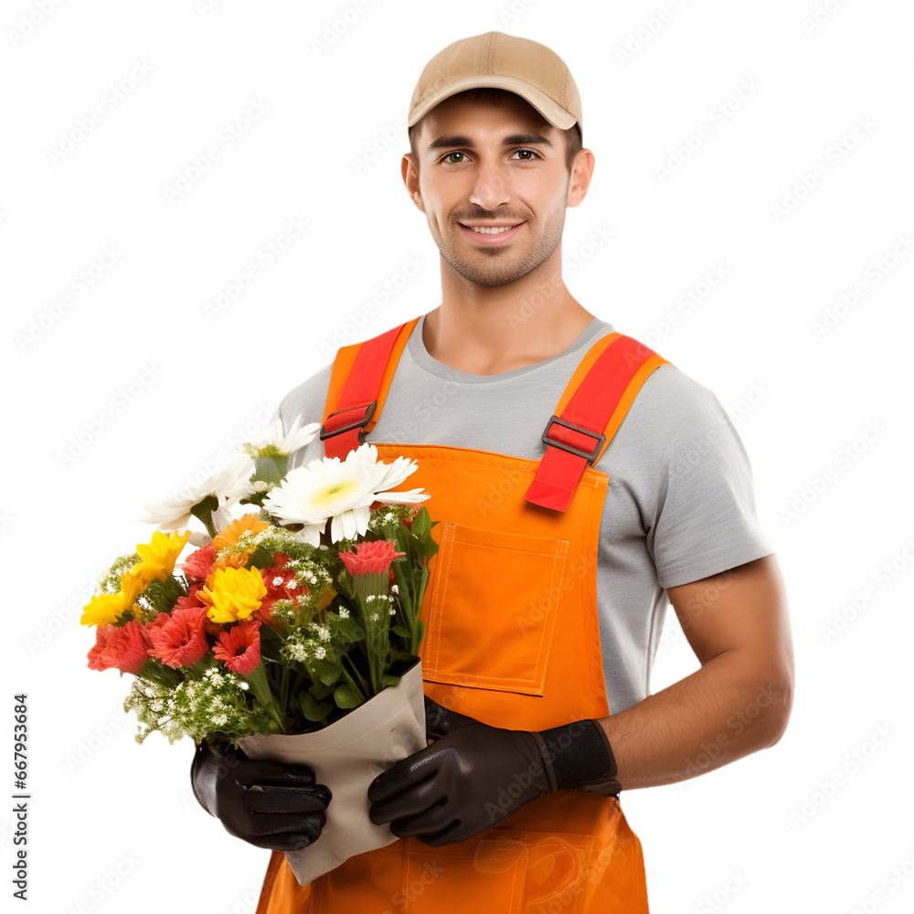 a man a gardener holding a bunch of flowers isolated a man a gardener holding a bunch of flowers isolated