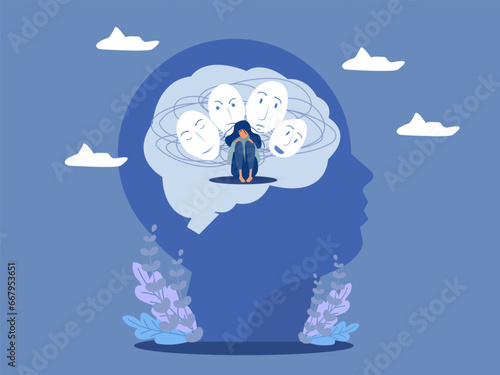Imposter syndrome, masks with happy or sad expressions.Bipolar disorder, fake faces and emotions. Psychology, false behavior or deceiver.vector illustrator