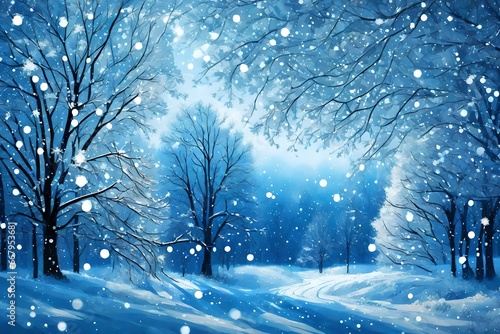 snow fall from the blue sky with winter   comming smoke and cool breezes and white trees and way between them 
