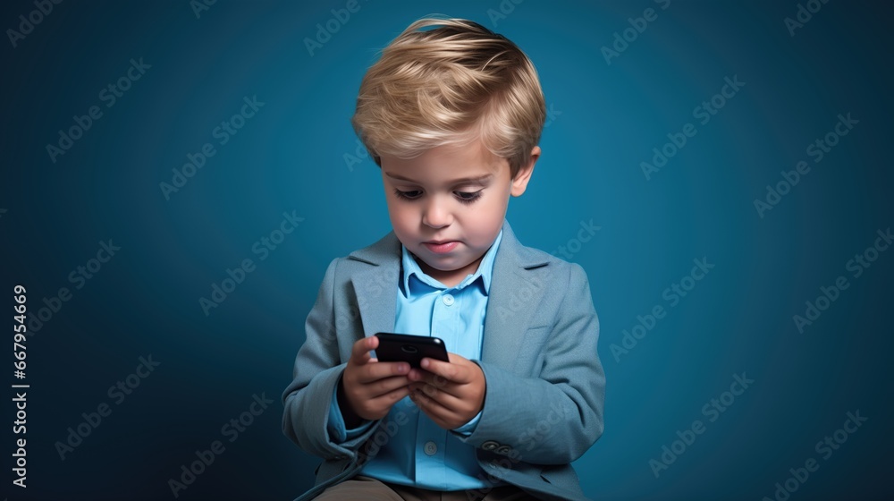 Criança interagindo com seu smartphone em fundo de estúdio azul, imagem para anúncios sobre comunicação, redes sociais, 5g, internet e abordagens sobre dependência por tecnologia na vida moderna. Criança interagindo com seu smartphone em fundo de estúdio azul, imagem para anúncios sobre comunicação, redes sociais, 5g, internet e abordagens sobre dependência por tecnologia na vida moderna.