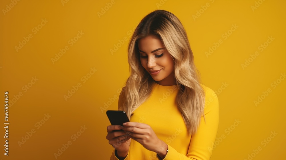 Mulher interagindo com seu smartphone em fundo de estúdio amarelo, imagem para anúncios sobre comunicação, redes sociais, 5g, internet e abordagens sobre dependência por tecnologia na vida moderna. Mulher interagindo com seu smartphone em fundo de estúdio amarelo, imagem para anúncios sobre comunicação, redes sociais, 5g, internet e abordagens sobre dependência por tecnologia na vida moderna.