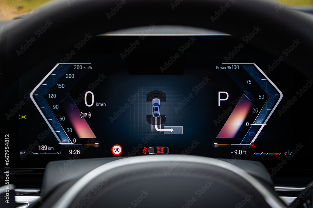 Novosibirsk, Russia October 11 , 2023 BMW X6, Car dashboard with blue backlight Odometer
