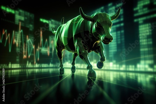 Double exposure of a silhouette bull run and uptrend chart, the bull market is rising © Nijieimu