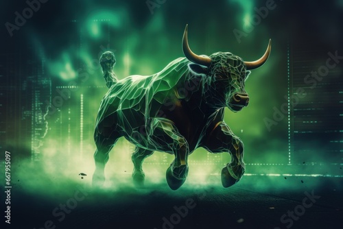 Double exposure of a silhouette bull run and uptrend chart, the bull market is rising