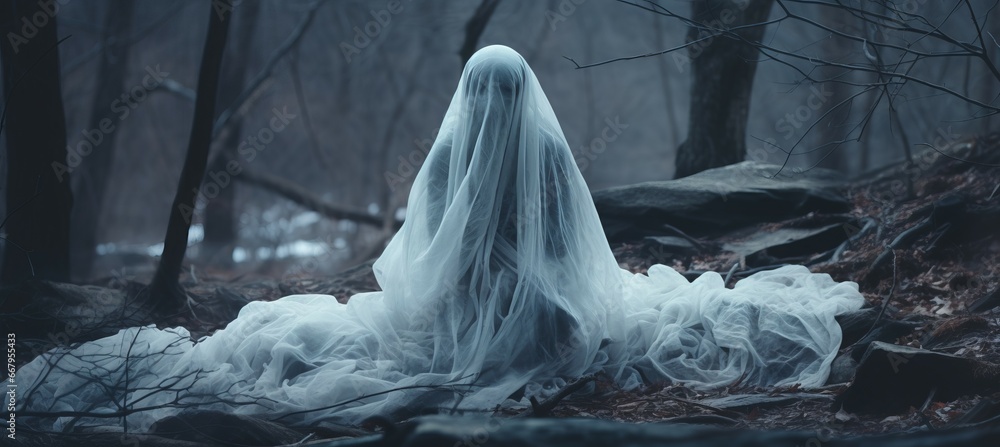 Ghost figure on white dress at forest. Generative AI technology. Ghost figure on white dress at forest. Generative AI technology.
