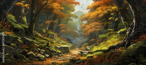 Forest at autumn fall season Drawing illustration design. Generative AI technology. 