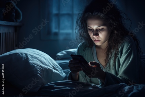 Mulher perdendo o sono de noite e olhando o celular desconfiada de algo que viu. Ciumes, redes sociais, traição e desconfiança podem ser temas tratados aqui. photo