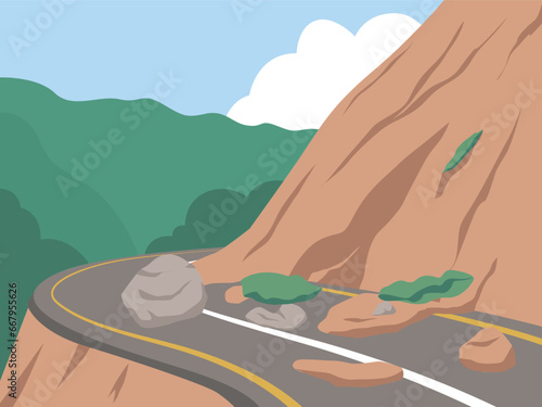 Landslide natural disaster on the highway. the road to be covered by rocks and landslides