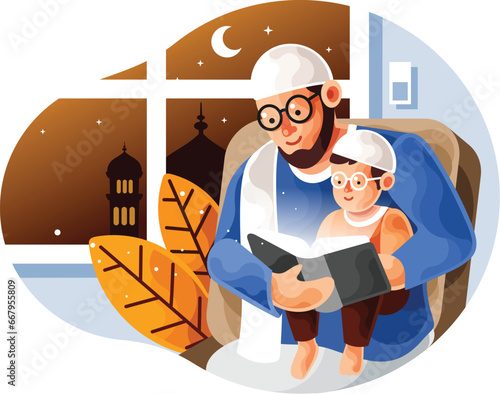 Muslim father teach his son reading quran
