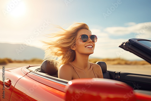 summer holidays, vacation, road trip and people concept - smiling young woman driving convertible car