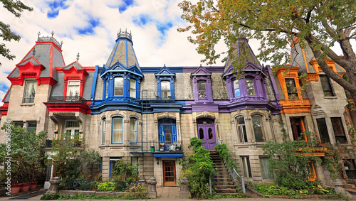 Victorian architecture and colorful houses facade of Square St Louis in Montreal