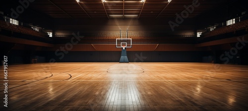 Basketball court arena with wooden floor. Generative AI technology.	
