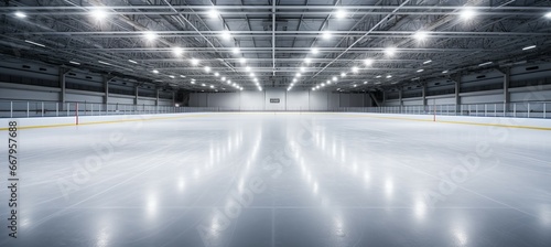 Empty ice hockey arena. Generative AI technology.