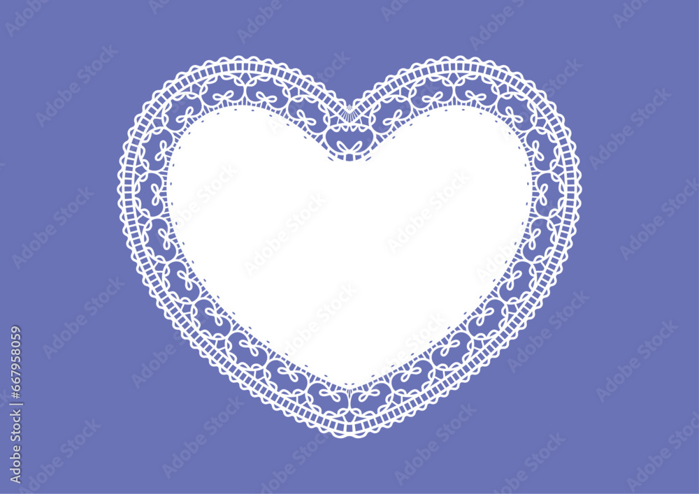 White lace heart, greeting card Happy Valentines day design background, ornamental flowers band Abstract Template frame Lace Doily, isolated on beige background vector illustration - obrazy, fototapety, plakaty 