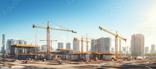 Big project building construction sites development and tower cranes. Generative AI technology. 