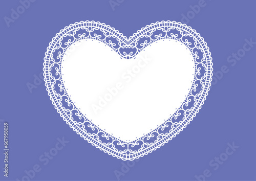 White lace heart, greeting card Happy Valentines day design background, ornamental flowers band Abstract Template frame Lace Doily, isolated on beige background vector illustration
