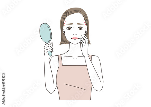 こめかみ　髪の生え際にニキビができている女性