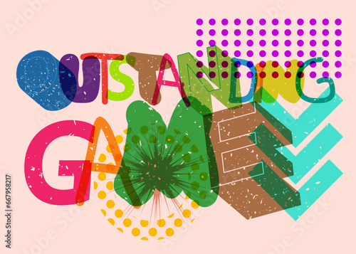 Risograph Outstanding Game word with geometric shapes. Object in trendy riso graph design.