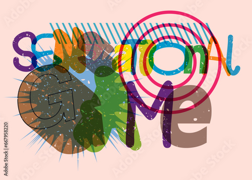 Risograph Sensational Game word with geometric shapes. Object in trendy riso graph design.