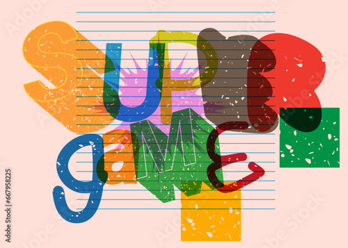 Risograph Super Game word with geometric shapes. Object in trendy riso graph design.