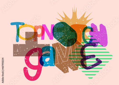 Risograph Topnotch Game word with geometric shapes. Object in trendy riso graph design.