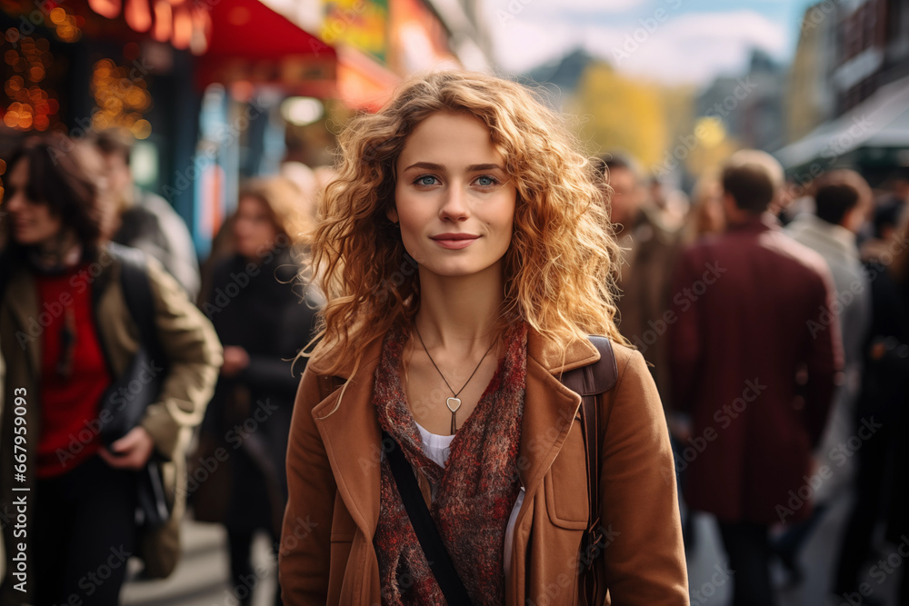 portrait of young adult woman walking on crowded urban street