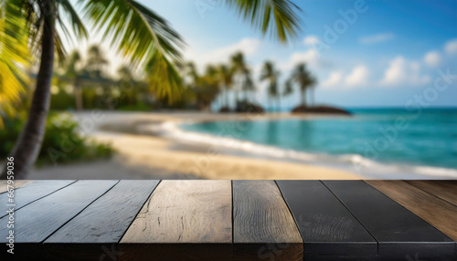 Wooden black table top on blur tropical beach background - can be used for display or montage your products. High quality photo