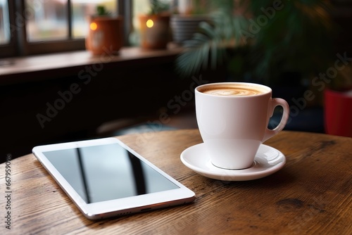 A blank mockup tablet screen features a subtle reflection and is placed on a table alongside a cup of coffee, offering the perfect setting for work or leisure. Photorealistic illustration