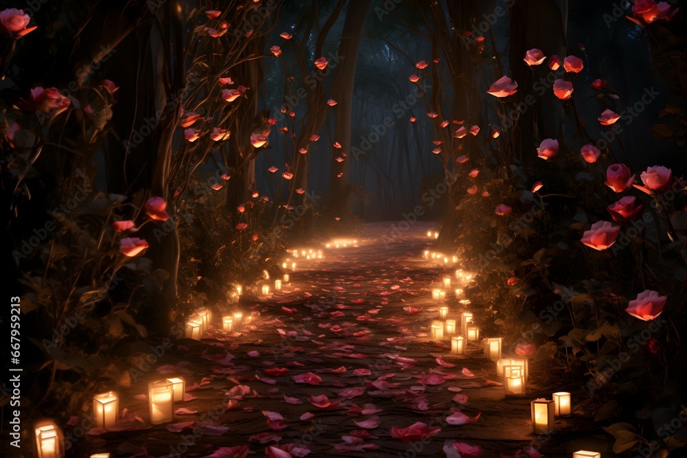 romantic background with pink rose petals covered pathway with candle lights