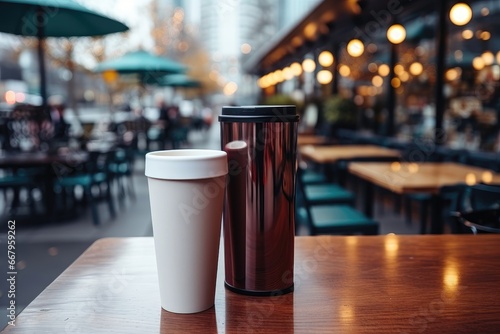 Tumblers with blank mockup surfaces are placed on a table at a blurred outdoor cafe, offering a versatile canvas for custom branding or design. Photorealistic illustration © DIMENSIONS