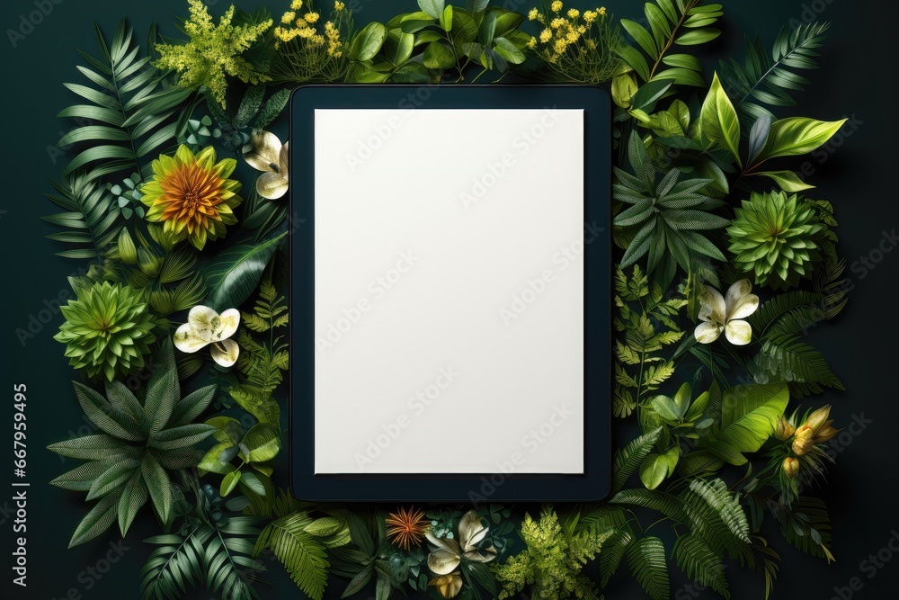 A tablet with a mockup screen is surrounded by flowers and green leaves, creating a natural setting for showcasing your digital designs or content. Photorealistic illustration A tablet with a mockup screen is surrounded by flowers and green leaves, creating a natural setting for showcasing your digital designs or content. Photorealistic illustration