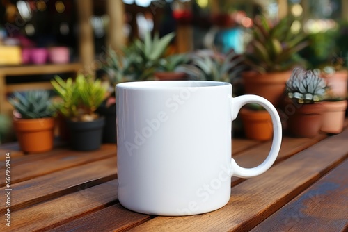 A close-up view of a white ceramic mug, presented as a mockup, offers a detailed and versatile canvas for your design or branding needs, ideal for personalization. Photorealistic illustration