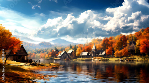 Small village at lake in autumn