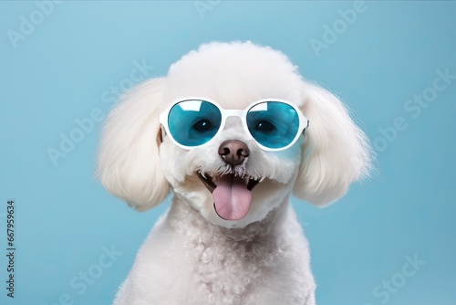 White poodle dog breed wear sunglasses smile and happiness. Generative ai © AI Farm