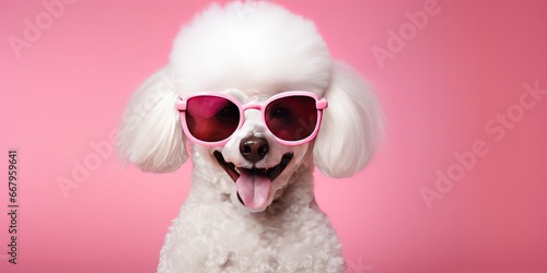 White poodle dog breed wear sunglasses smile and happiness. Generative ai photo