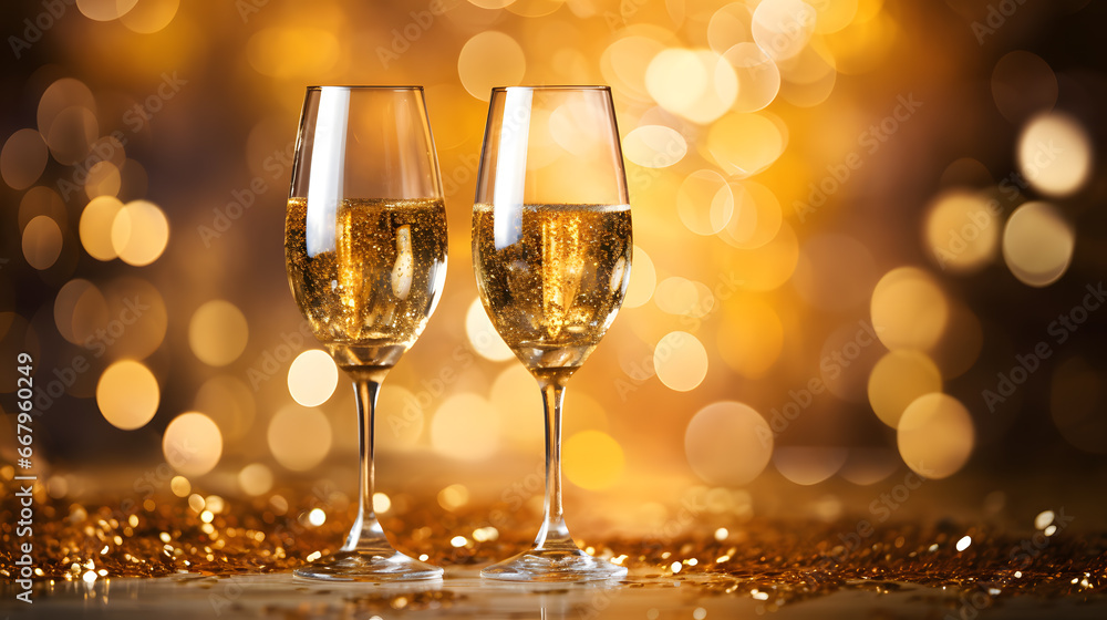 Two glasses of champagne with golden confetti on bokeh background Two glasses of champagne with golden confetti on bokeh background