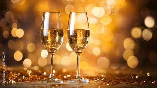 Two glasses of champagne with golden confetti on bokeh background