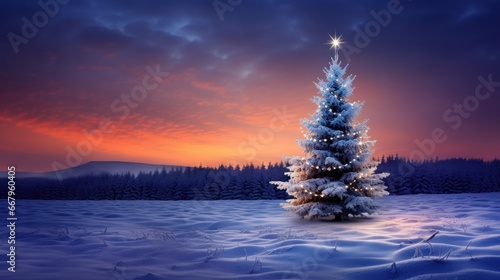 Christmas tree at sunset in snowy fields © Olmyntay