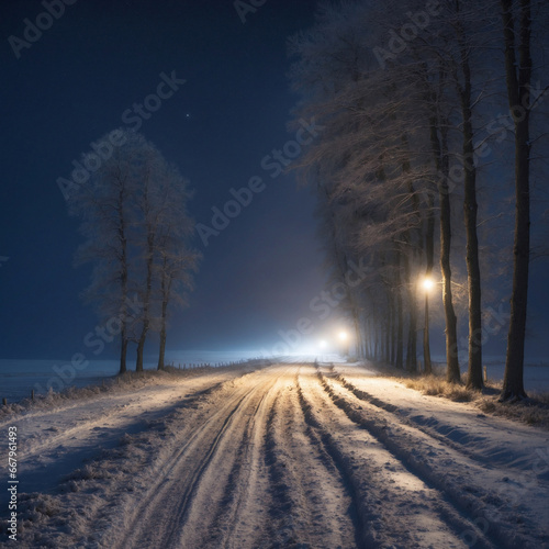 Dirt road in the countryside at night with lights on the side. Only the road is bright because the side lights look dark. Very quiet without people. In winter it snows heavily © M. Faisal Riza