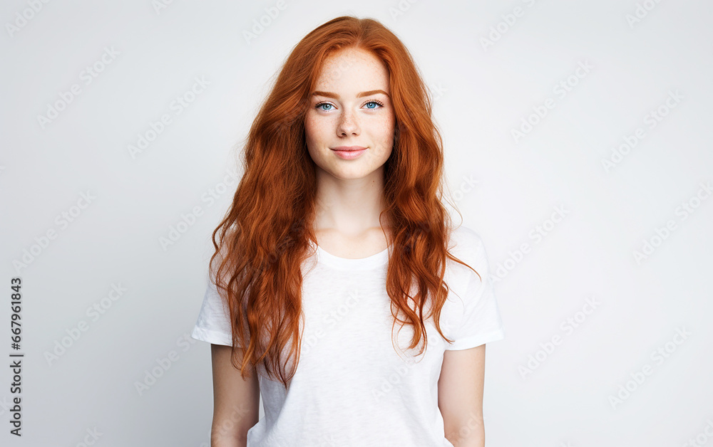 Portrait of young beautiful ginger woman with freckles cheerfuly smiling looking at camera. Girl with red long wavy hair isolated on white background